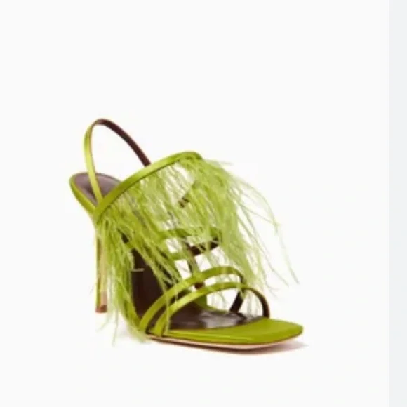NWOT Staud Anise Feather-Trimmed Satin Heeled Sandals in Lime Green Size EU 36 - Picture 2 of 14